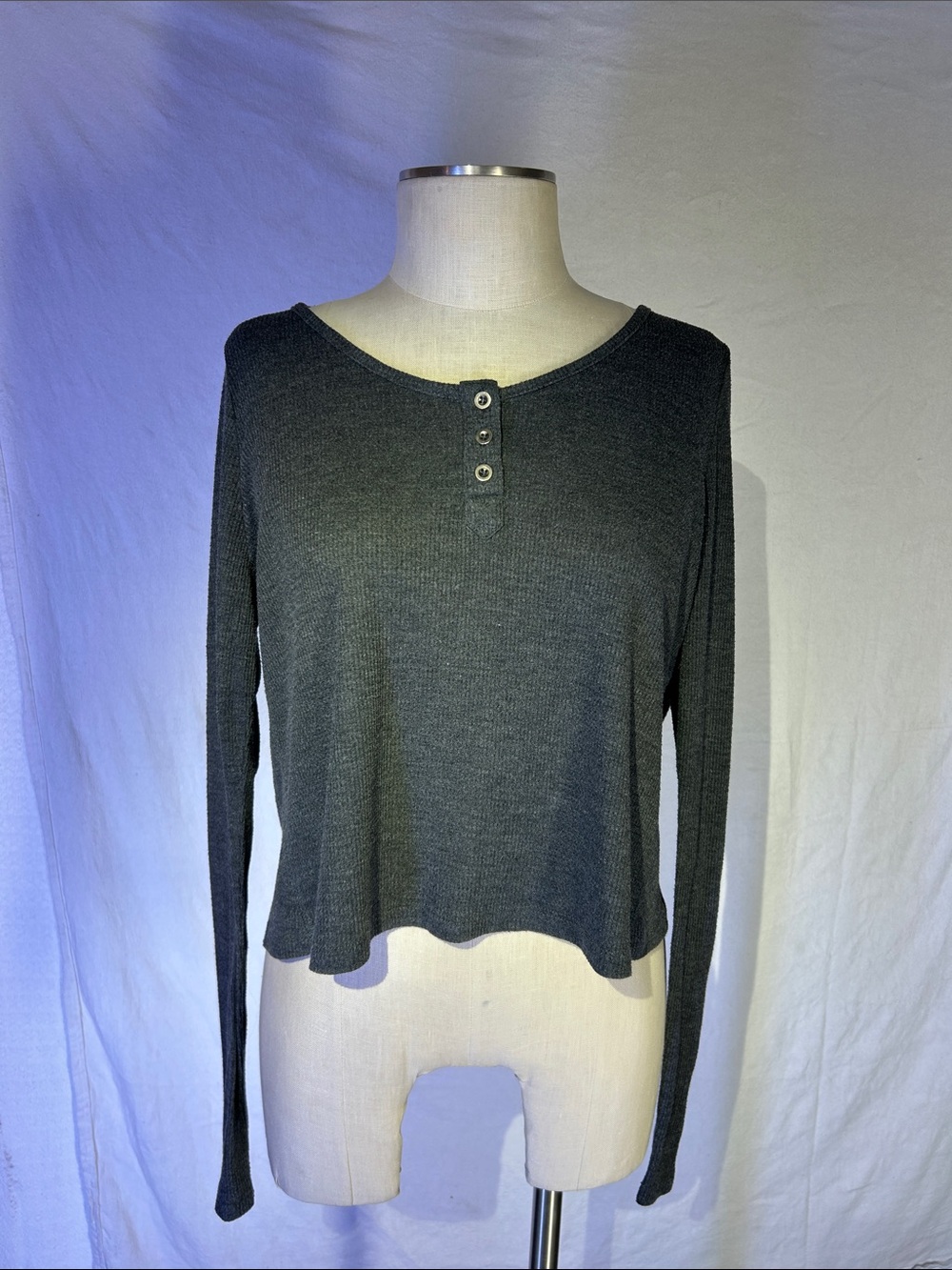 Mimi Chica Dark Gray Waffle Henley Long Sleeve Top